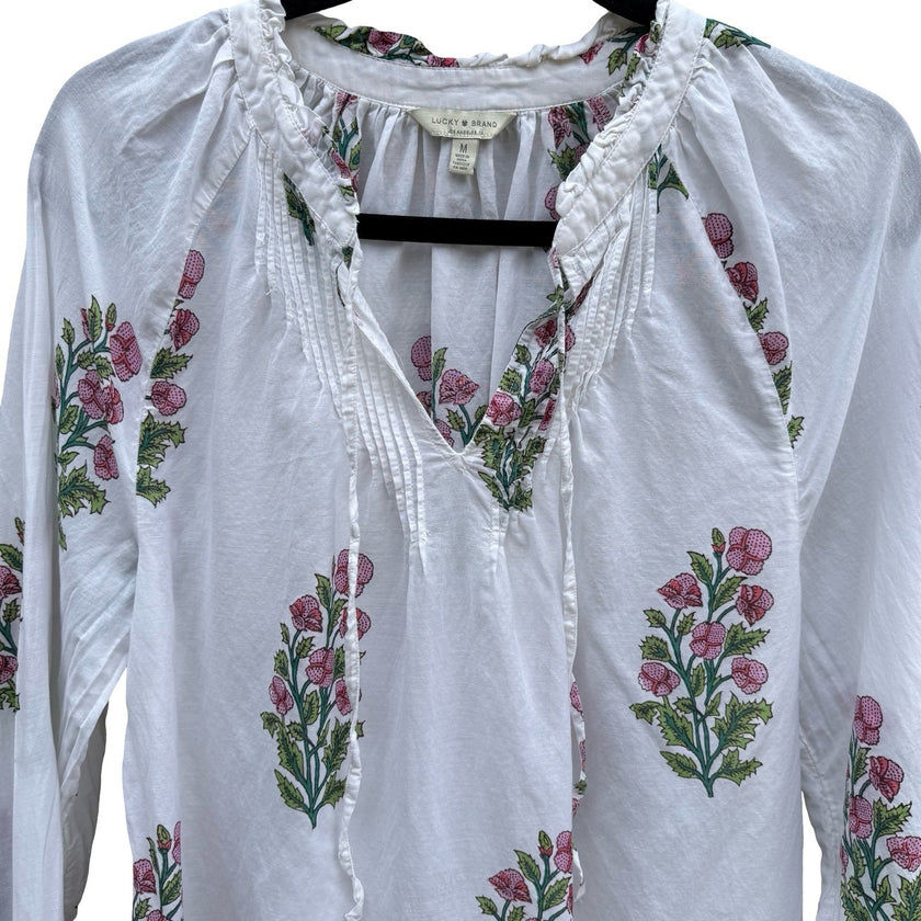 Lucky Brand Boho Garden Floral Cottagecore Block Print Pintuck Peasant Blouse M