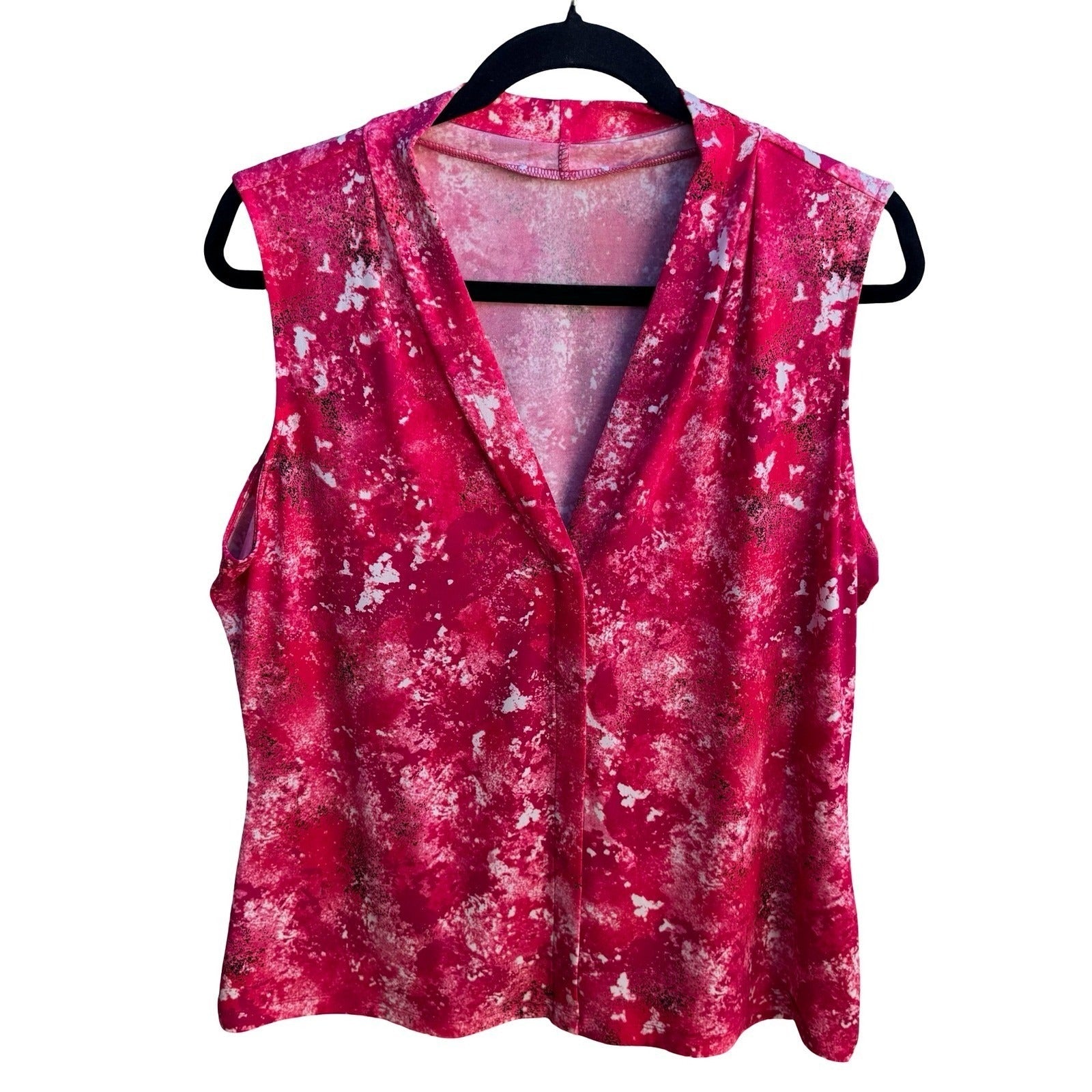 Calvin Klein Barbiecore Pink Abstract Splatter Draped V-Neck Sleeveless Blouse L