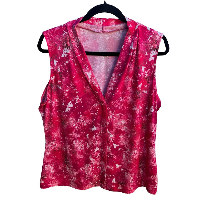 Calvin Klein Barbiecore Pink Abstract Splatter Draped V-Neck Sleeveless Blouse L