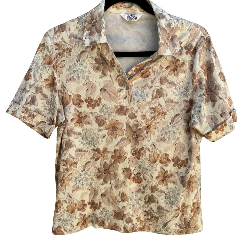 Classic Fashions Vintage 80s Garden Floral Cottagecore Polo Top Grandmacore XL