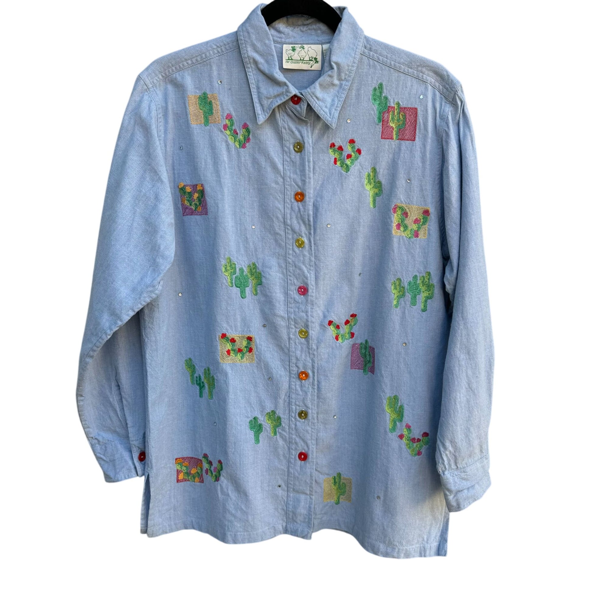 The Quacker Factory Womens Cactus Embroidered Western Long Sleeve Denim Shirt S