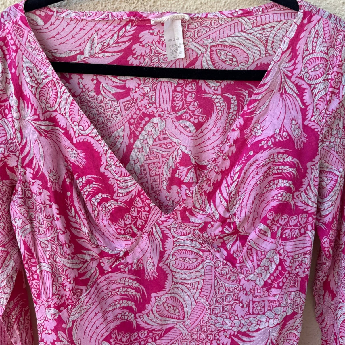 Notice Y2K Boho Peasant Paisley Cotton Cottagecore Empire Tie Waist Tunic Pink M