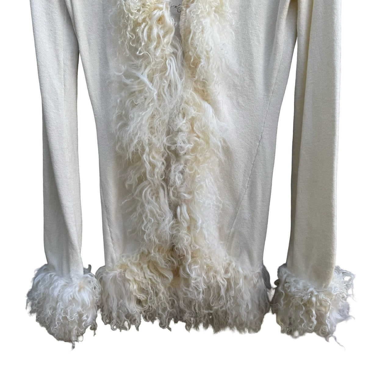 Sheri Bodell Y2K Coquette Mob Wife Mongolian Lamb Fur Trim Glam Luxury Cardigan
