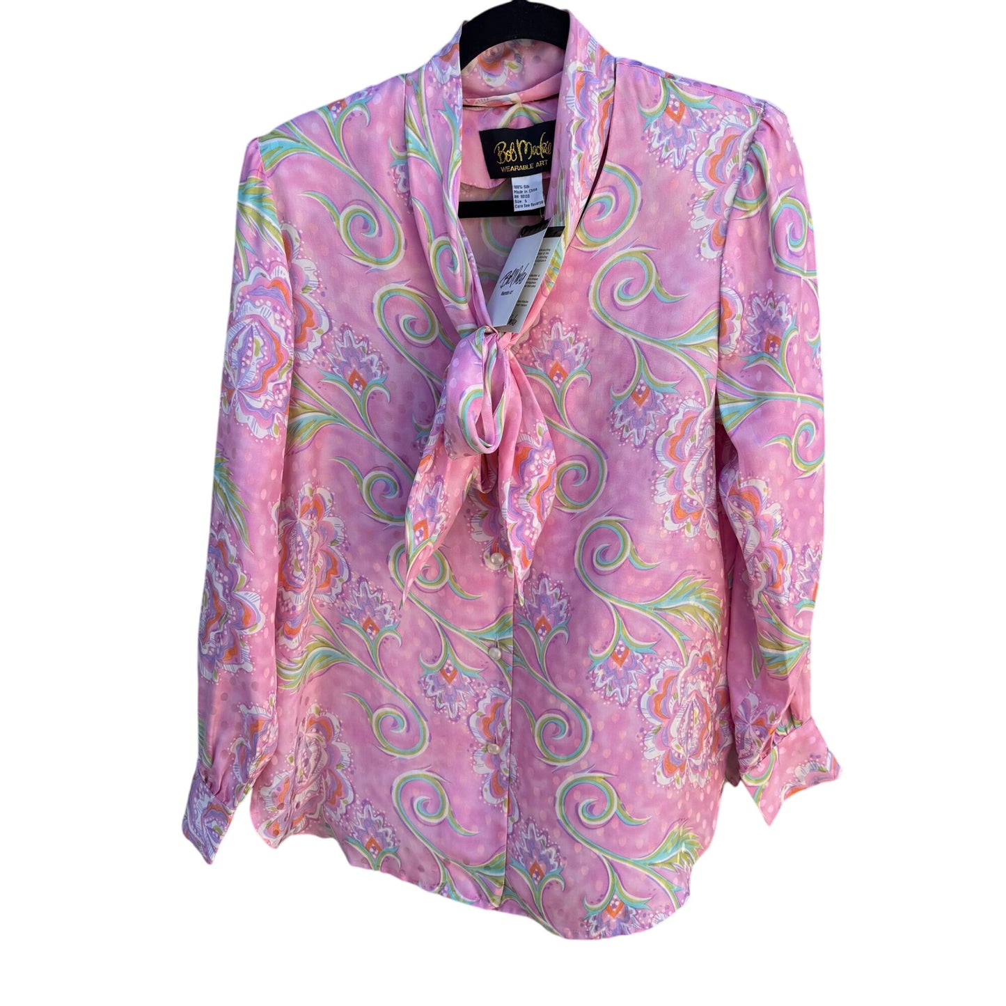 Bob Mackie Wearable Art Vintage Pink Paisley Silk Long Sleeve Tie Neck Blouse S