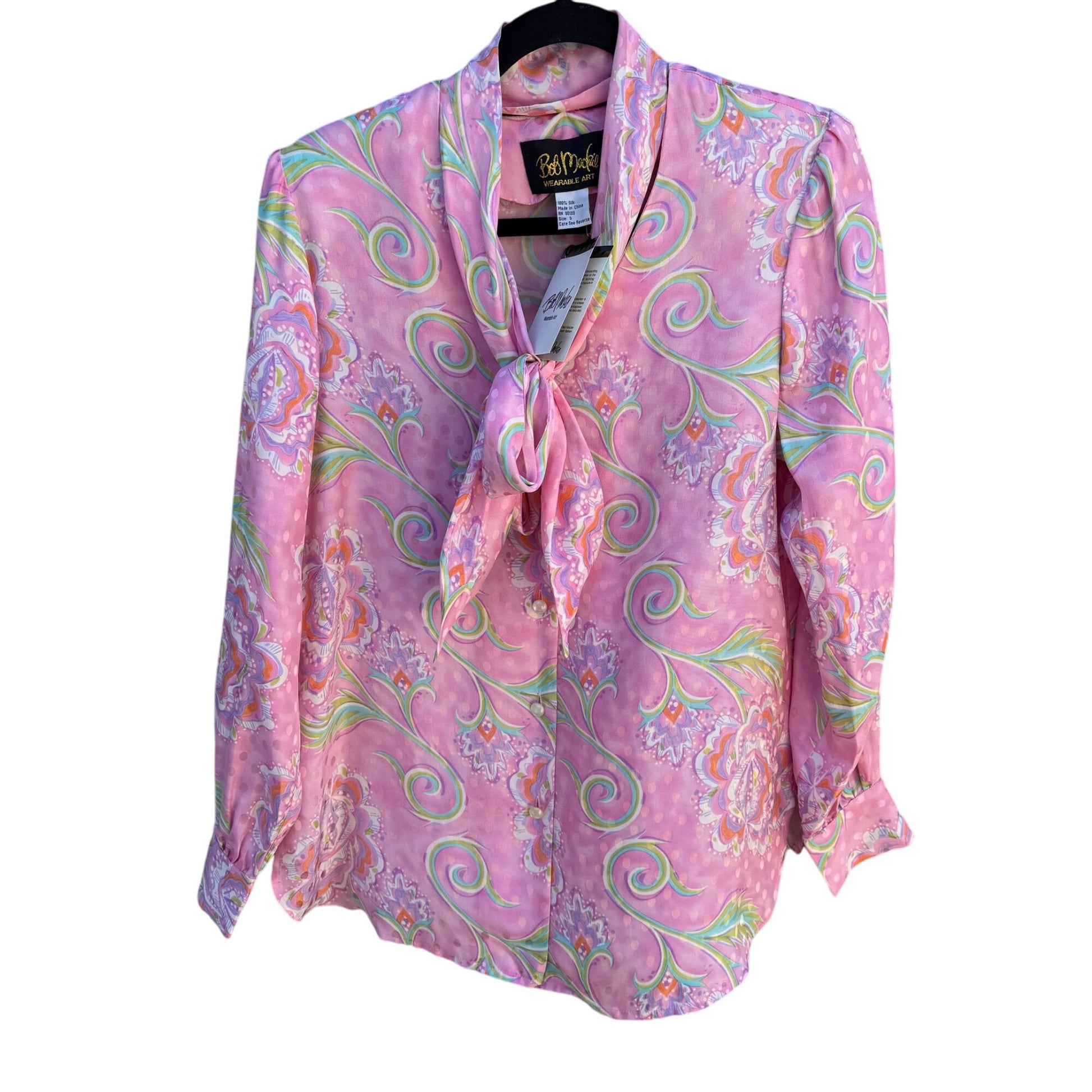Bob Mackie Wearable Art Vintage Pink Paisley Silk Long Sleeve Tie Neck Blouse S