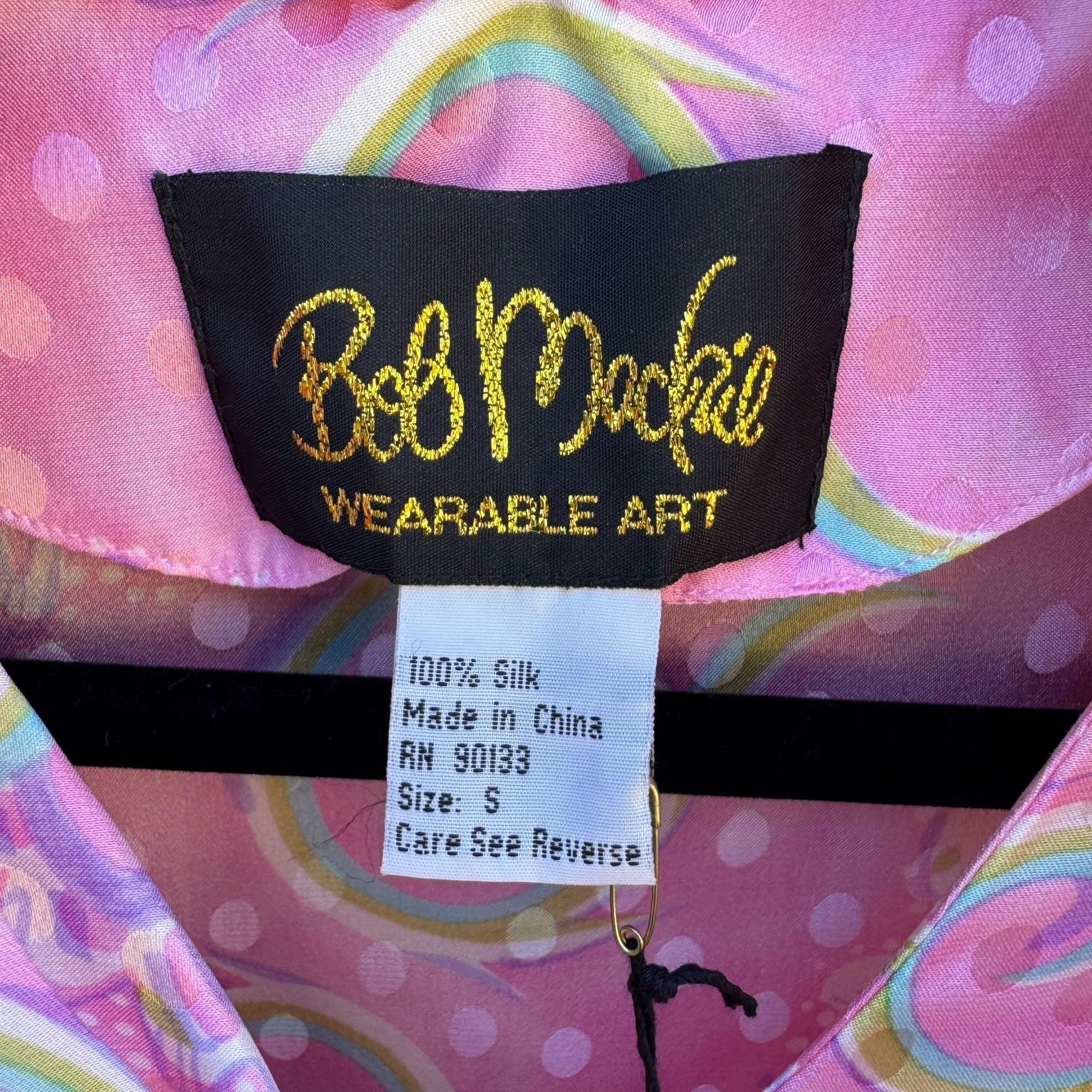 Bob Mackie Wearable Art Vintage Pink Paisley Silk Long Sleeve Tie Neck Blouse S