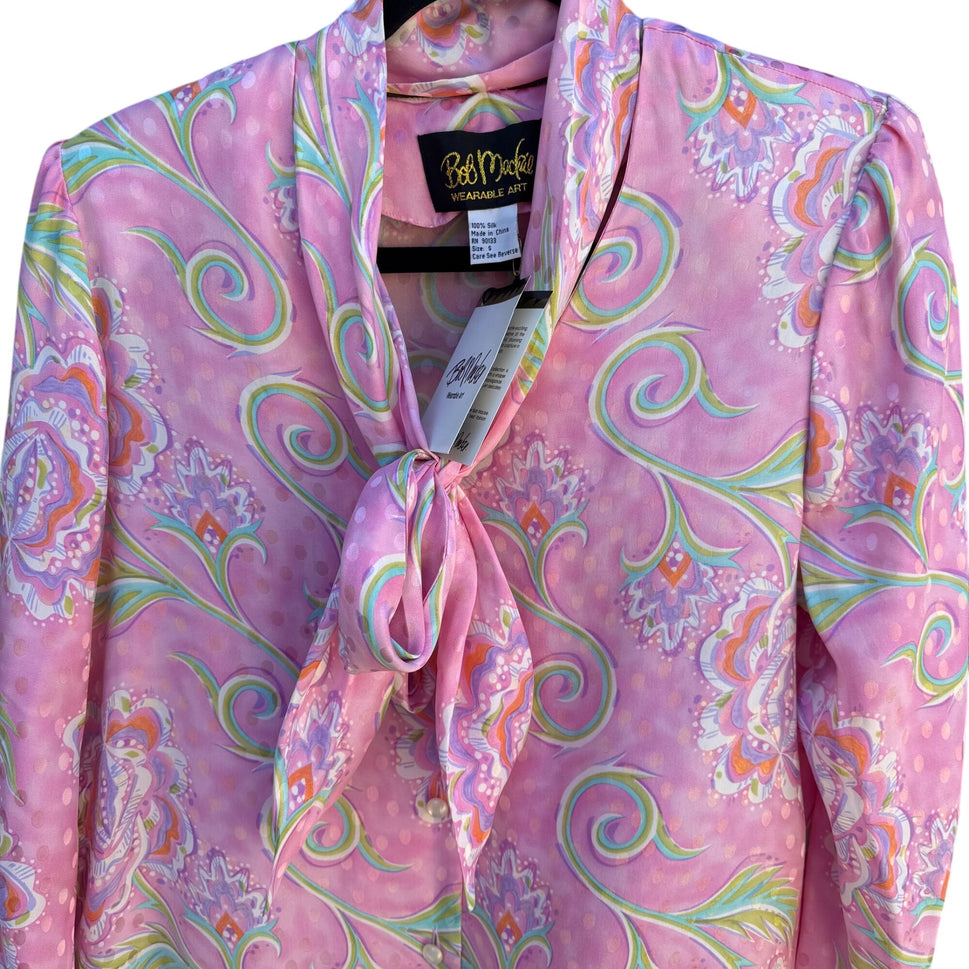 Bob Mackie Wearable Art Vintage Pink Paisley Silk Long Sleeve Tie Neck Blouse S