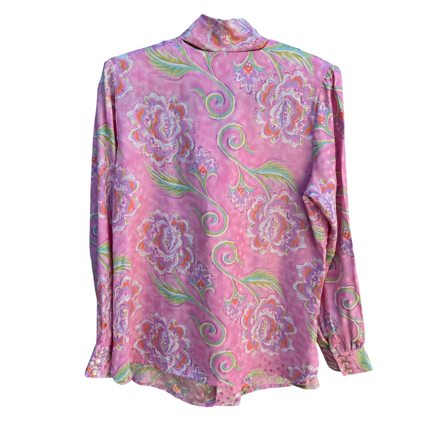 Bob Mackie Wearable Art Vintage Pink Paisley Silk Long Sleeve Tie Neck Blouse S