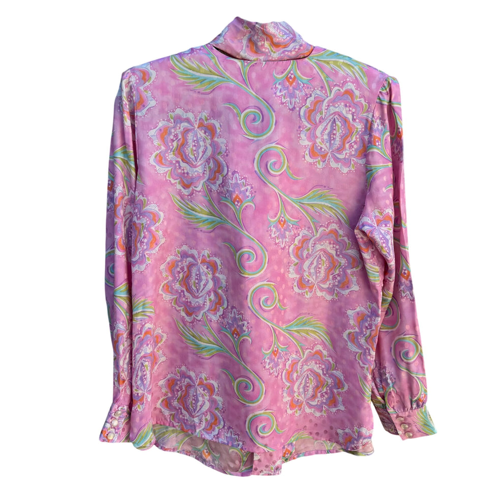 Bob Mackie Wearable Art Vintage Pink Paisley Silk Long Sleeve Tie Neck Blouse S