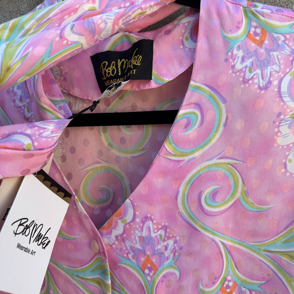 Bob Mackie Wearable Art Vintage Pink Paisley Silk Long Sleeve Tie Neck Blouse S