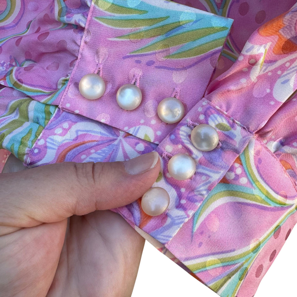 Bob Mackie Wearable Art Vintage Pink Paisley Silk Long Sleeve Tie Neck Blouse S