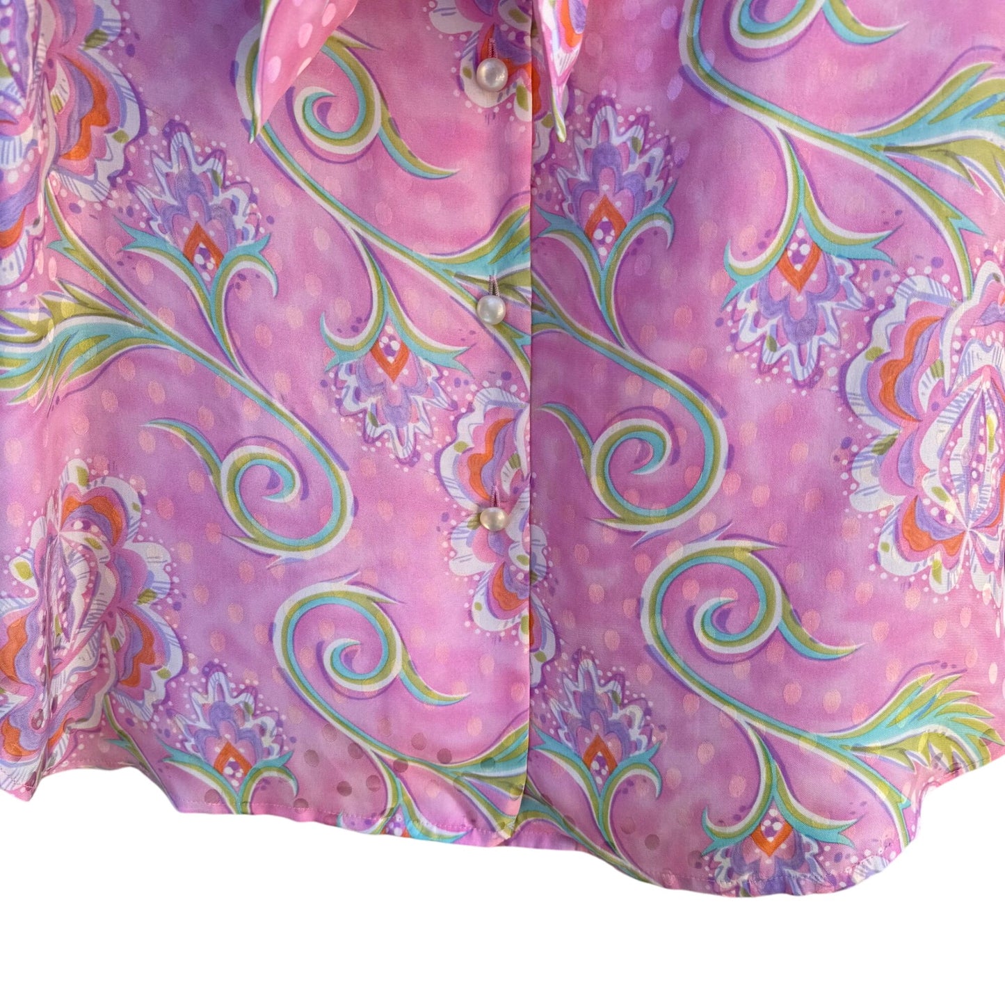 Bob Mackie Wearable Art Vintage Pink Paisley Silk Long Sleeve Tie Neck Blouse S