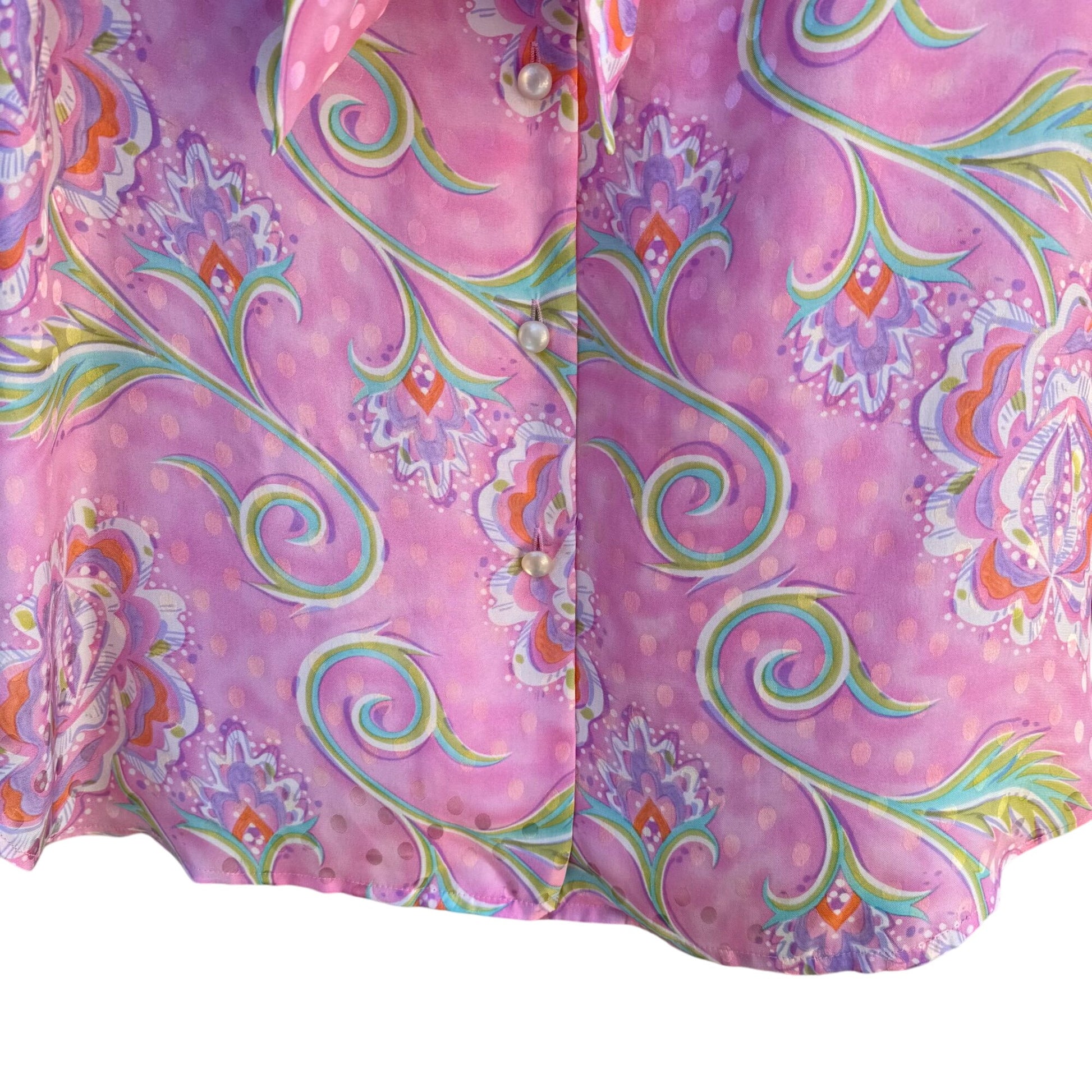 Bob Mackie Wearable Art Vintage Pink Paisley Silk Long Sleeve Tie Neck Blouse S