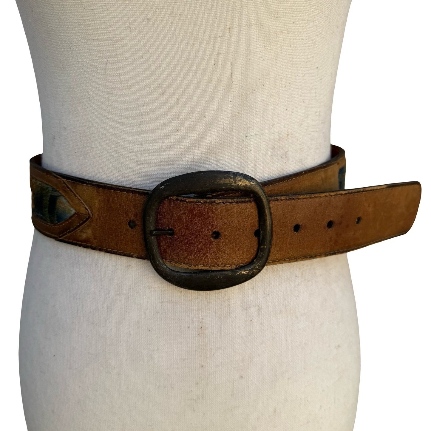 Swank Vintage Brown Leather Hand Embroidered Denim Belt Haiti Boho Western 30-32