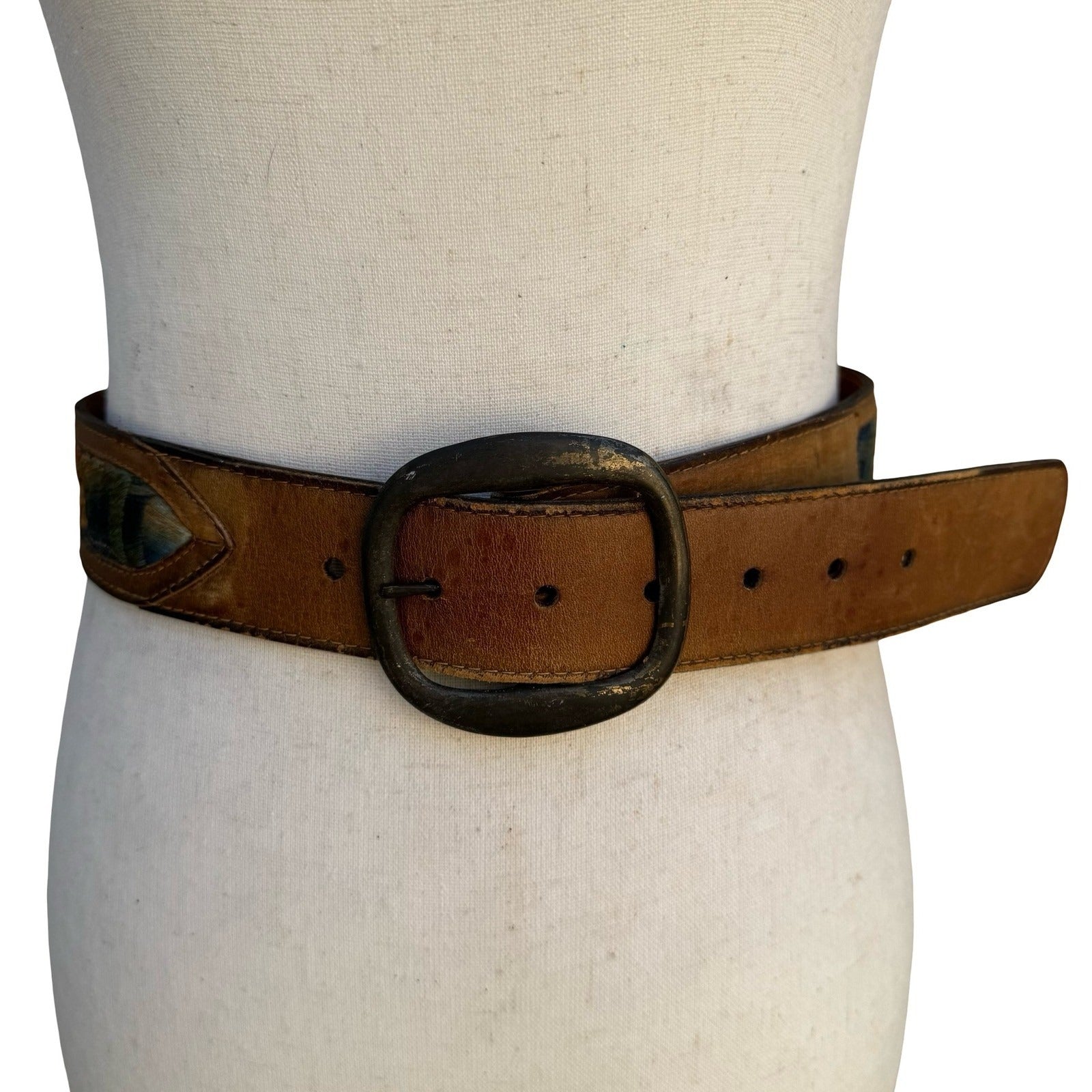 Swank Vintage Brown Leather Hand Embroidered Denim Belt Haiti Boho Western 30-32