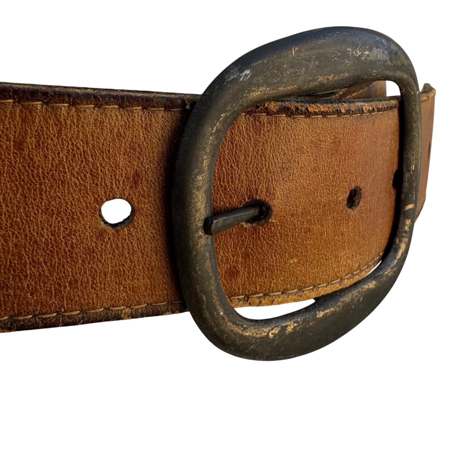 Swank Vintage Brown Leather Hand Embroidered Denim Belt Haiti Boho Western 30-32