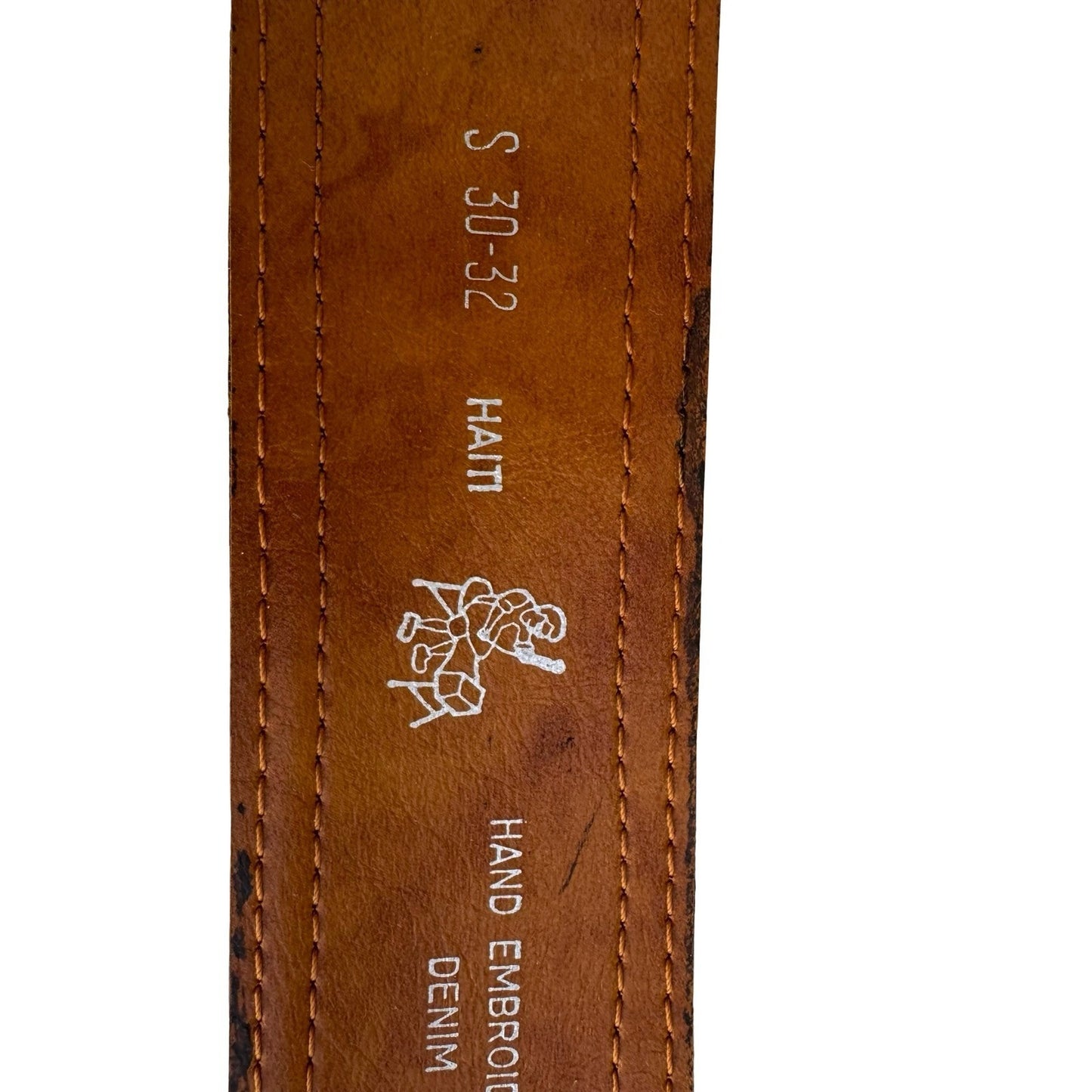 Swank Vintage Brown Leather Hand Embroidered Denim Belt Haiti Boho Western 30-32