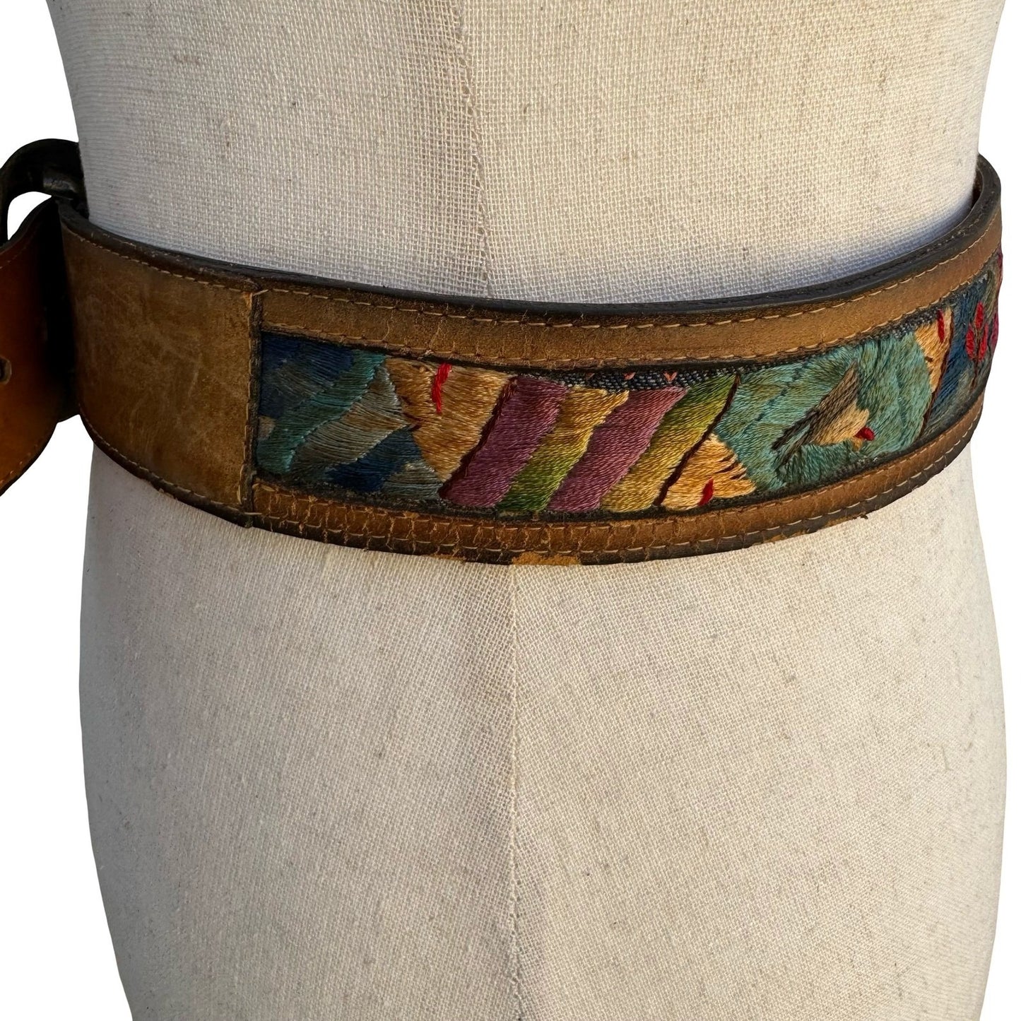 Swank Vintage Brown Leather Hand Embroidered Denim Belt Haiti Boho Western 30-32