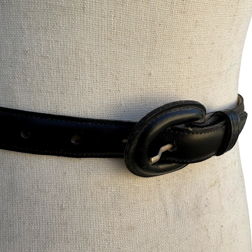 Calderon Vintage Black Leather Slim Skinny Belt Leather Covered Buckle S 9811