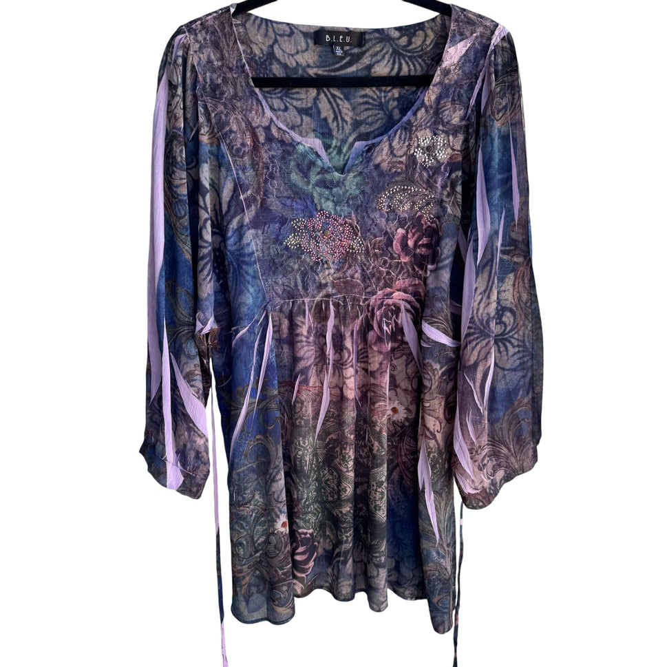 B.L.E.U. Floral Embellished Boho Lace Back 3/4 Sleeve Flowy Tunic Blouse Top XL