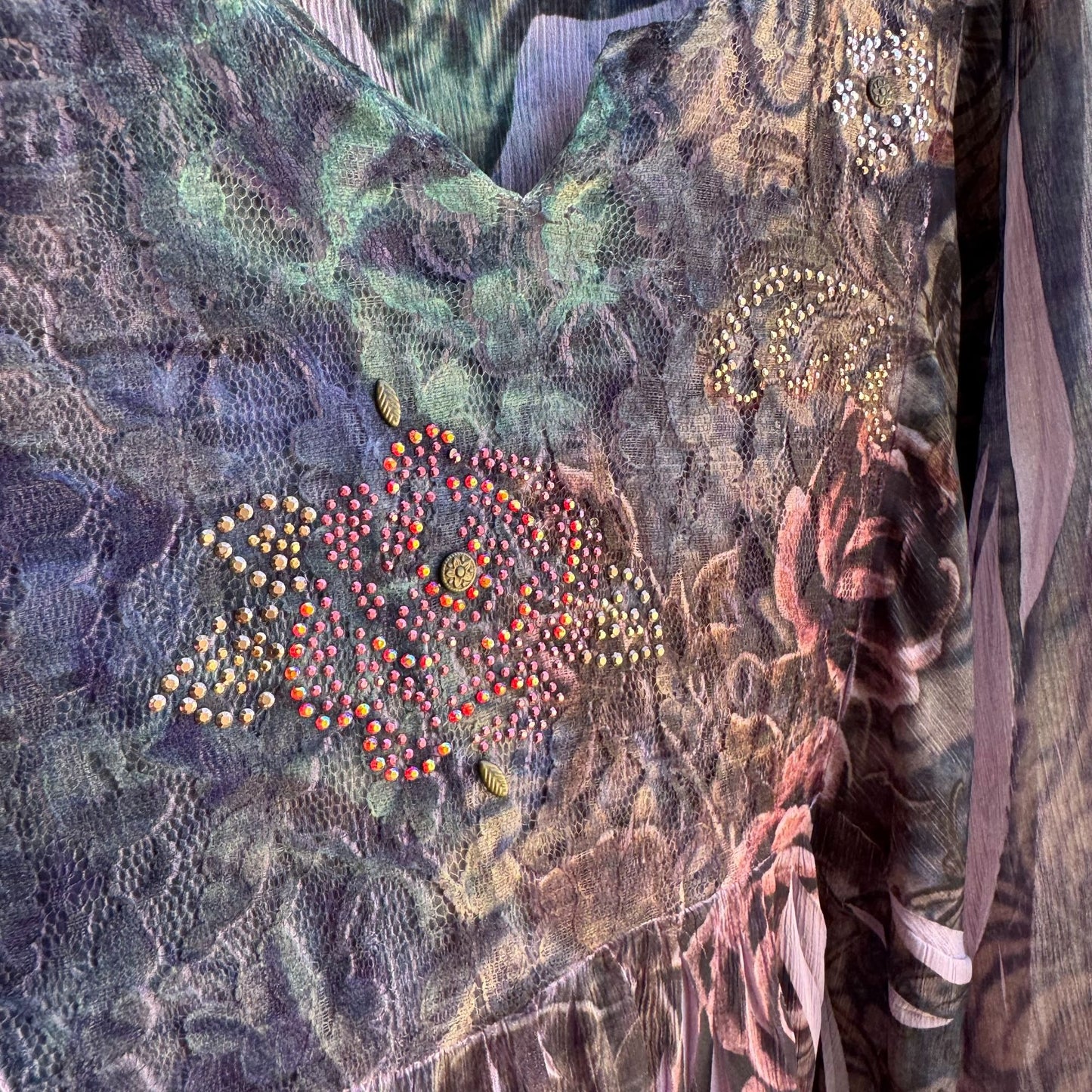 B.L.E.U. Floral Embellished Boho Lace Back 3/4 Sleeve Flowy Tunic Blouse Top XL