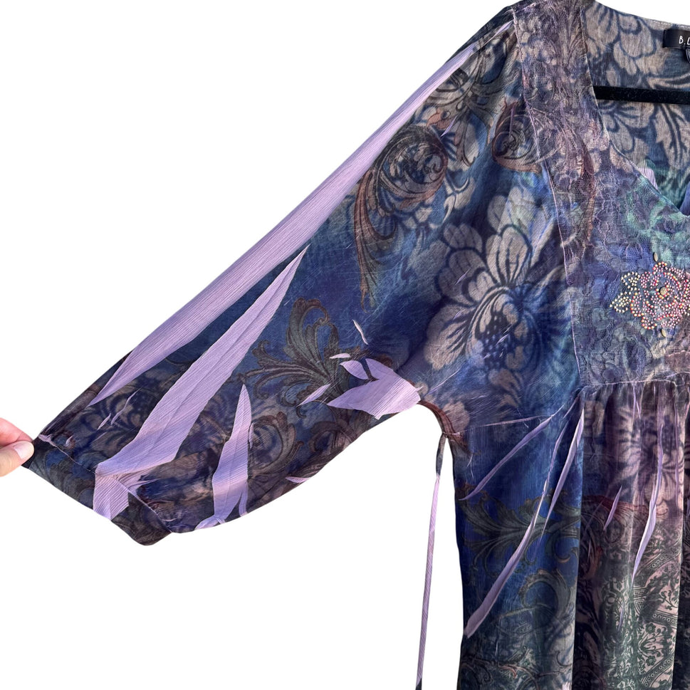 B.L.E.U. Floral Embellished Boho Lace Back 3/4 Sleeve Flowy Tunic Blouse Top XL