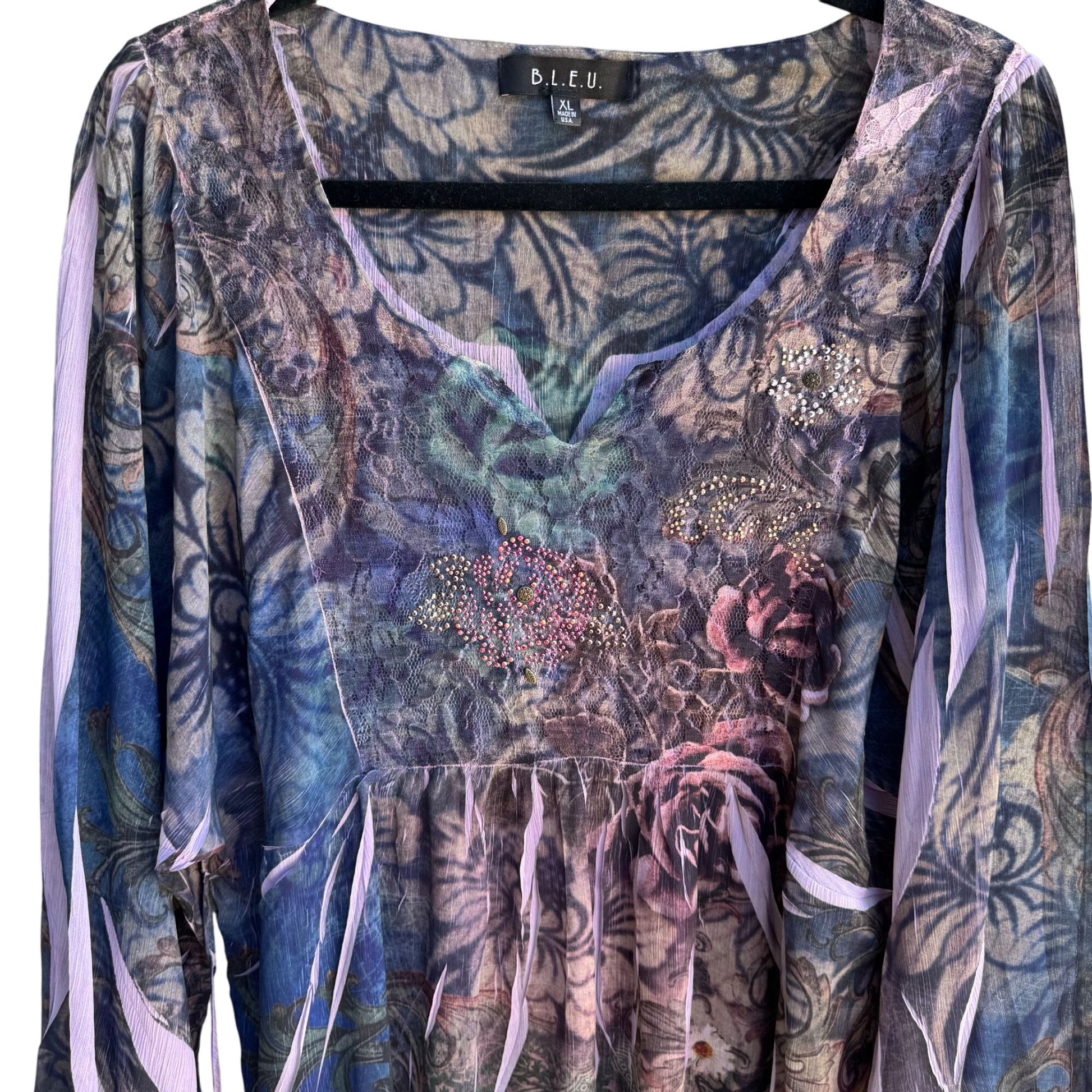 B.L.E.U. Floral Embellished Boho Lace Back 3/4 Sleeve Flowy Tunic Blouse Top XL