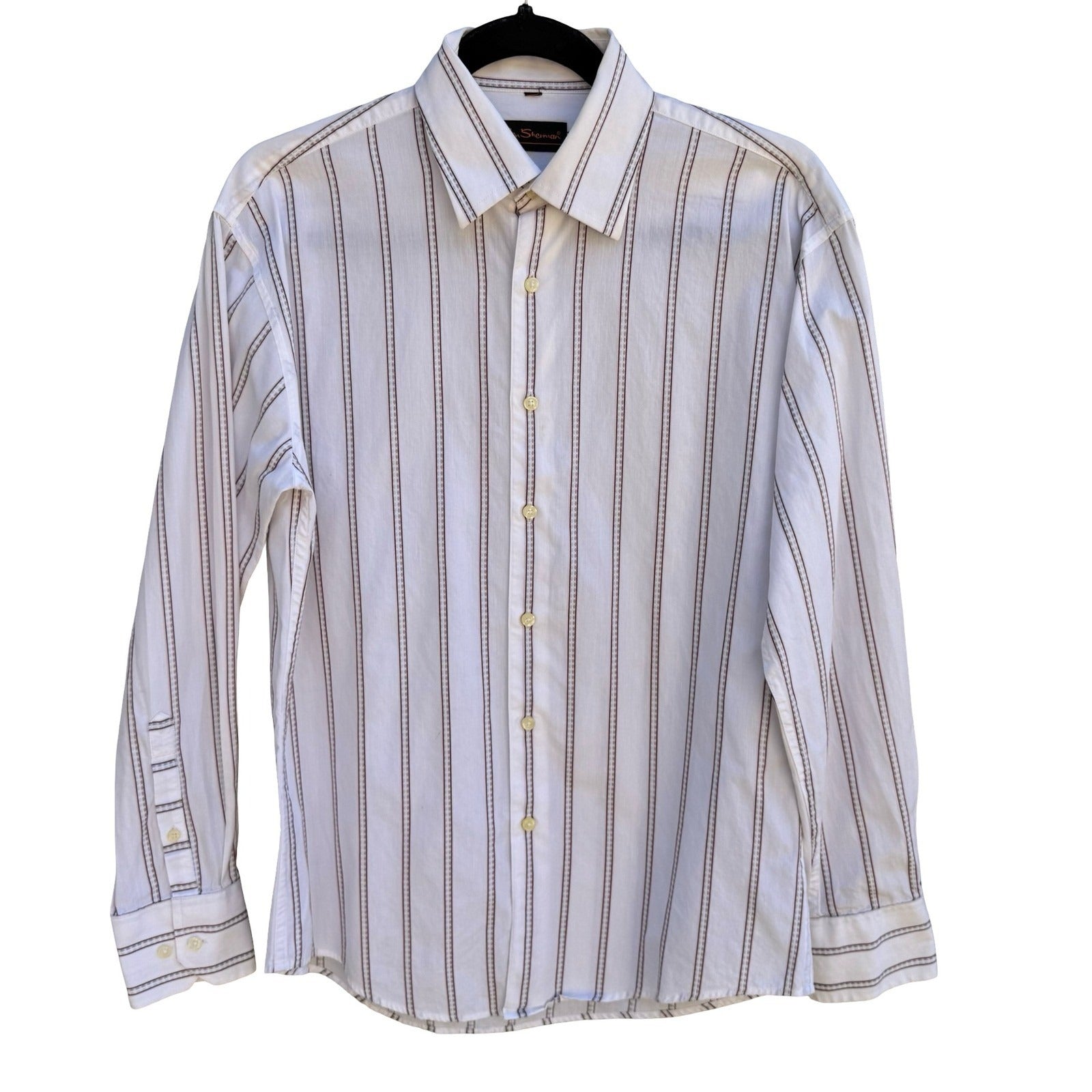 Ben Sherman Mens Mod Preppy White Striped Tailored Shirt Mens L Dobby Stripe
