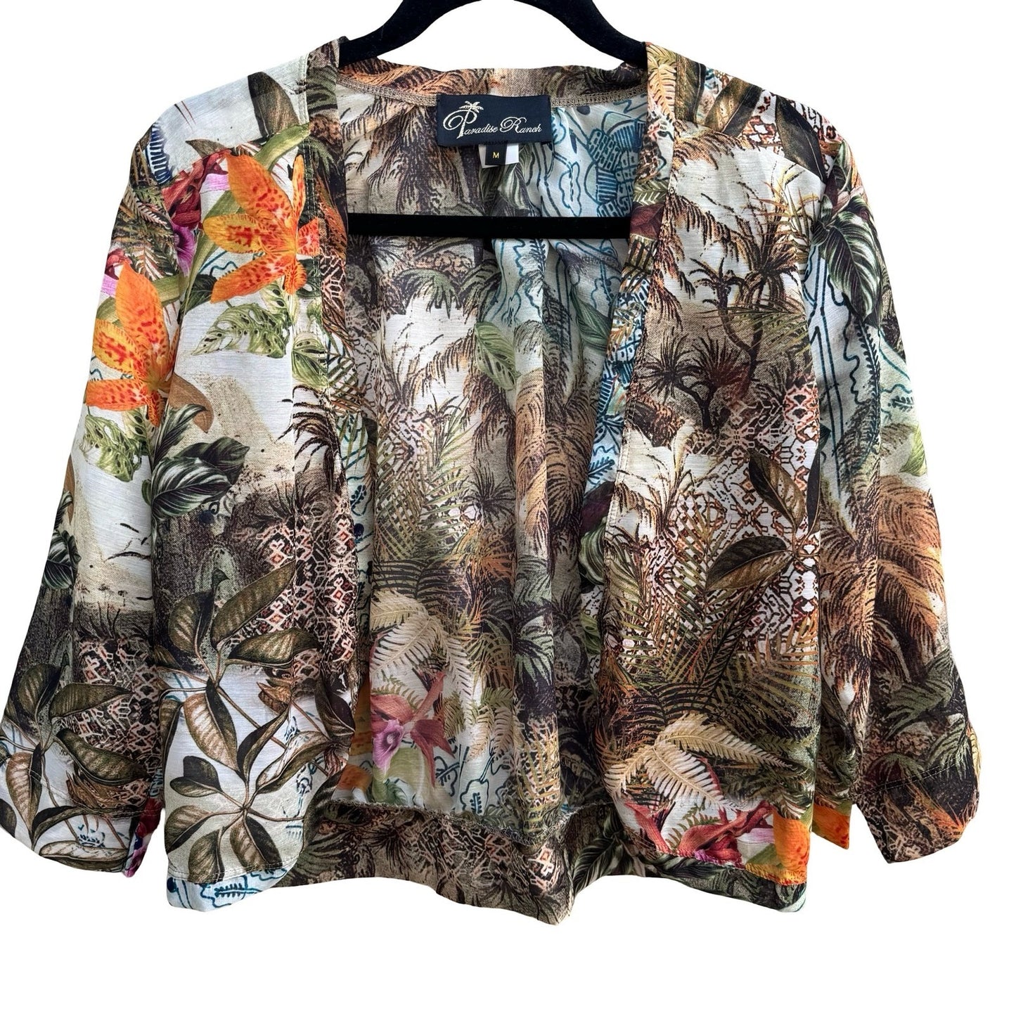 Paradise Ranch Sheer Resortwear Tropical Botanical Open Front Kimono Jacket M
