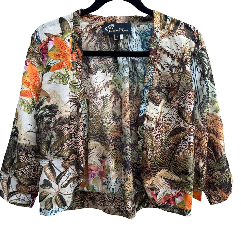 Paradise Ranch Sheer Resortwear Tropical Botanical Open Front Kimono Jacket M
