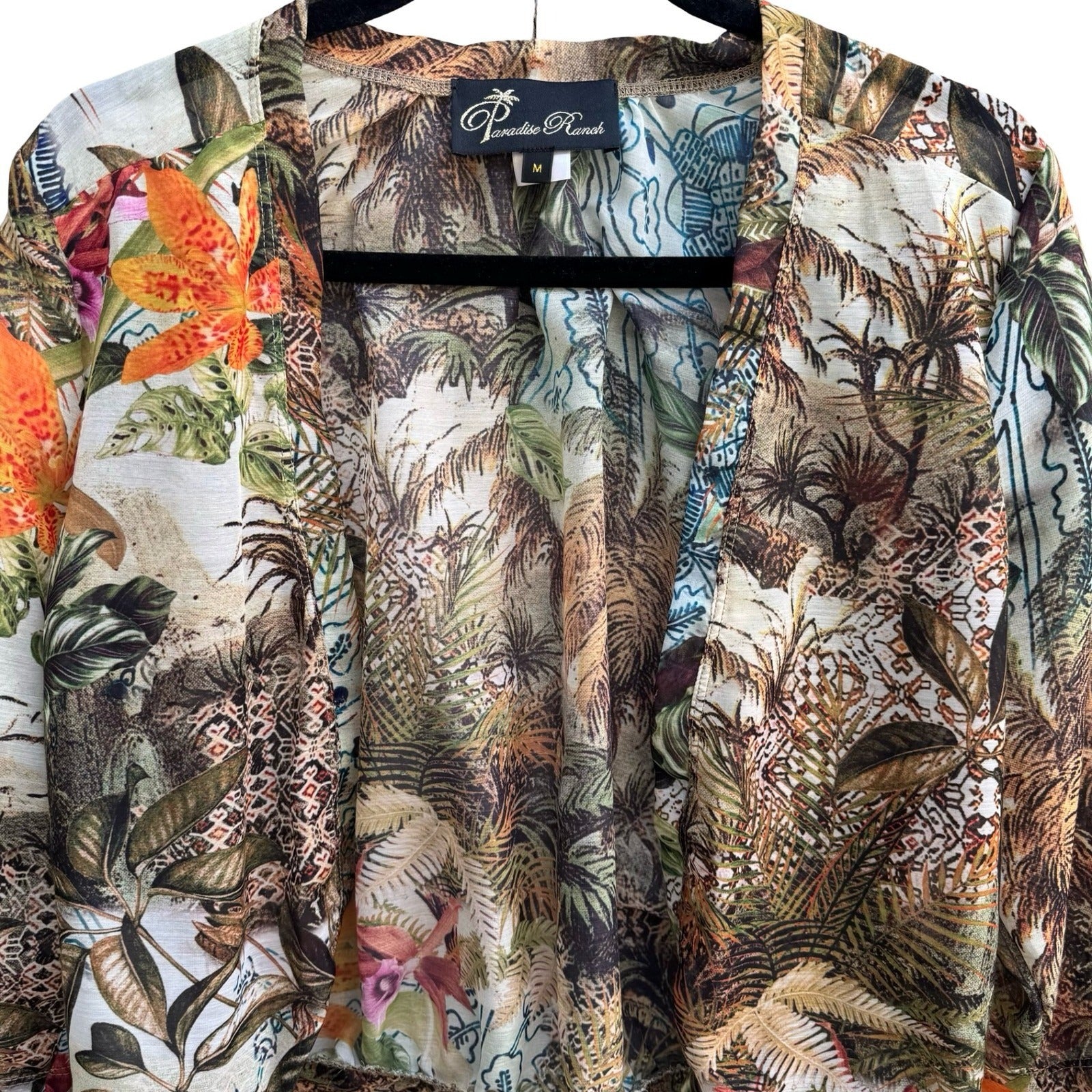 Paradise Ranch Sheer Resortwear Tropical Botanical Open Front Kimono Jacket M