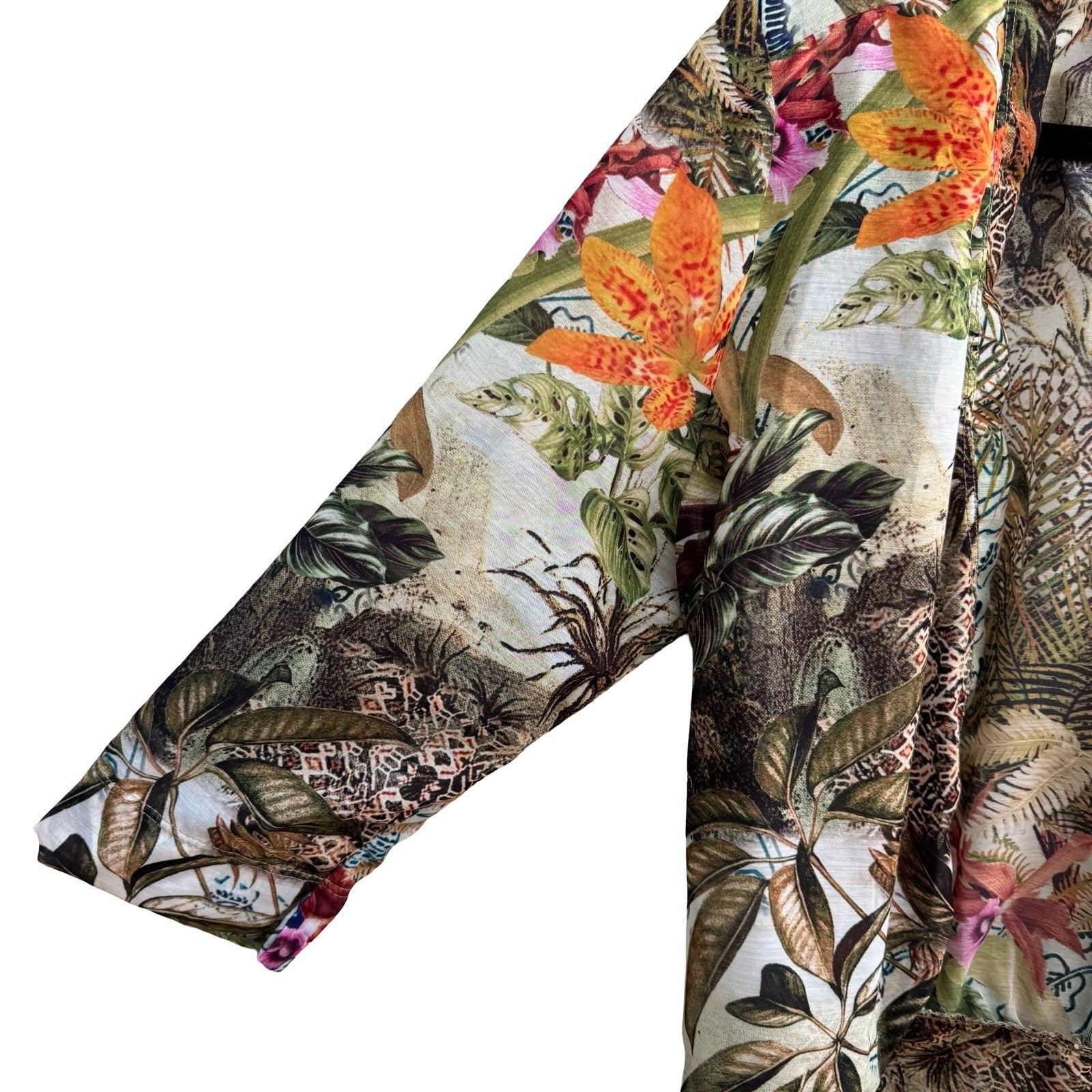 Paradise Ranch Sheer Resortwear Tropical Botanical Open Front Kimono Jacket M