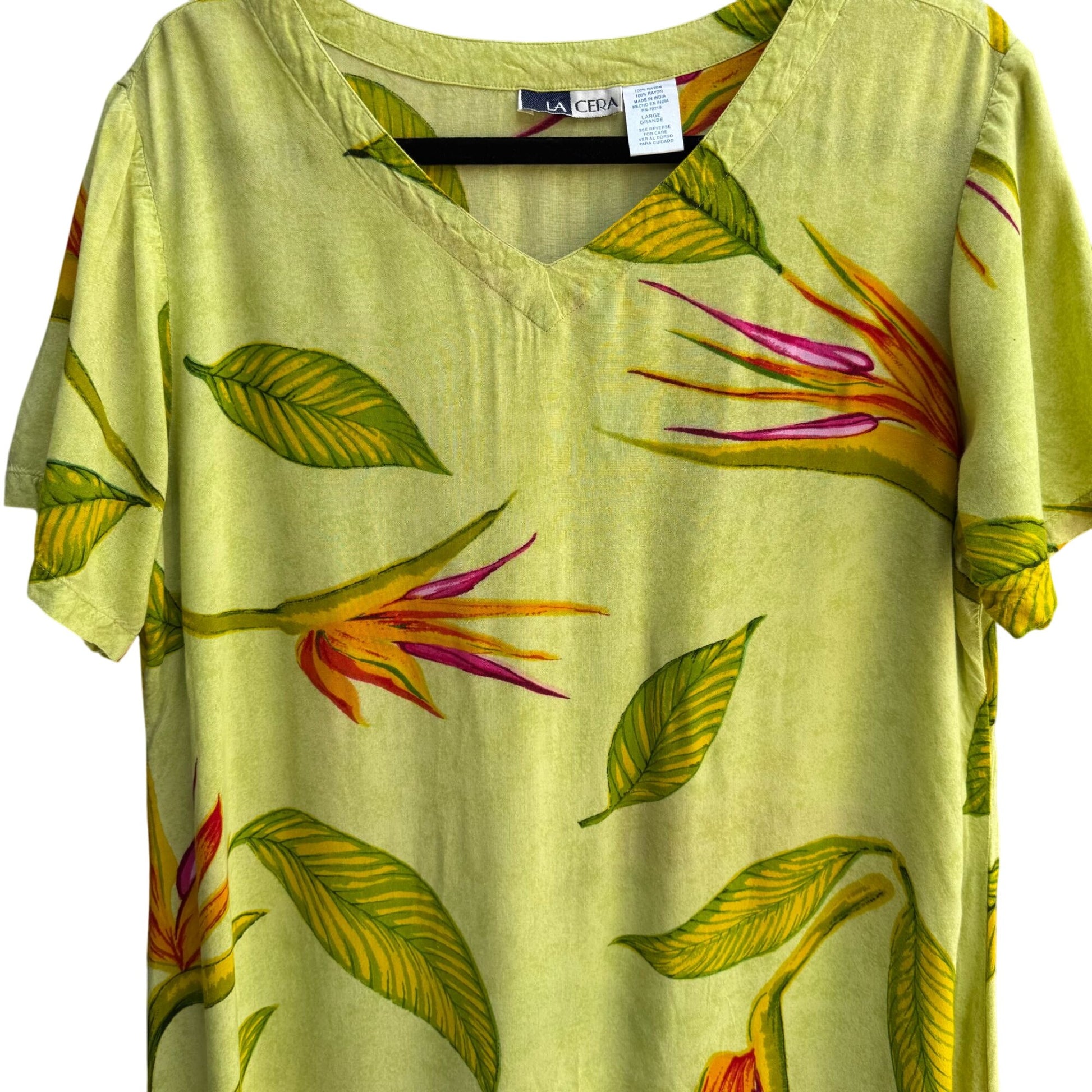 La Cera Vintage Womens V Neck Bird of Paradise Floral Mumu Day Maxi Dress L