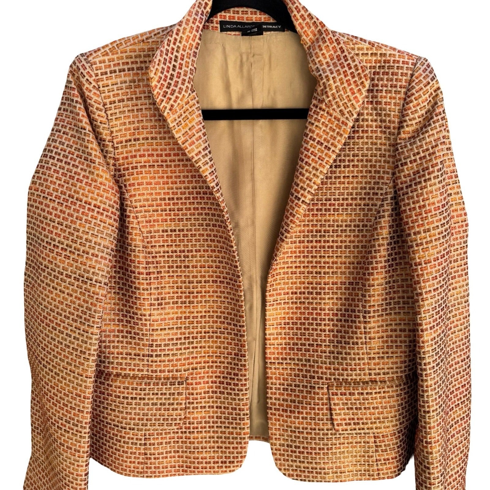 Linda Allard Ellen Tracy Woven Geometric Metallic Texture Open Front Blazer 4