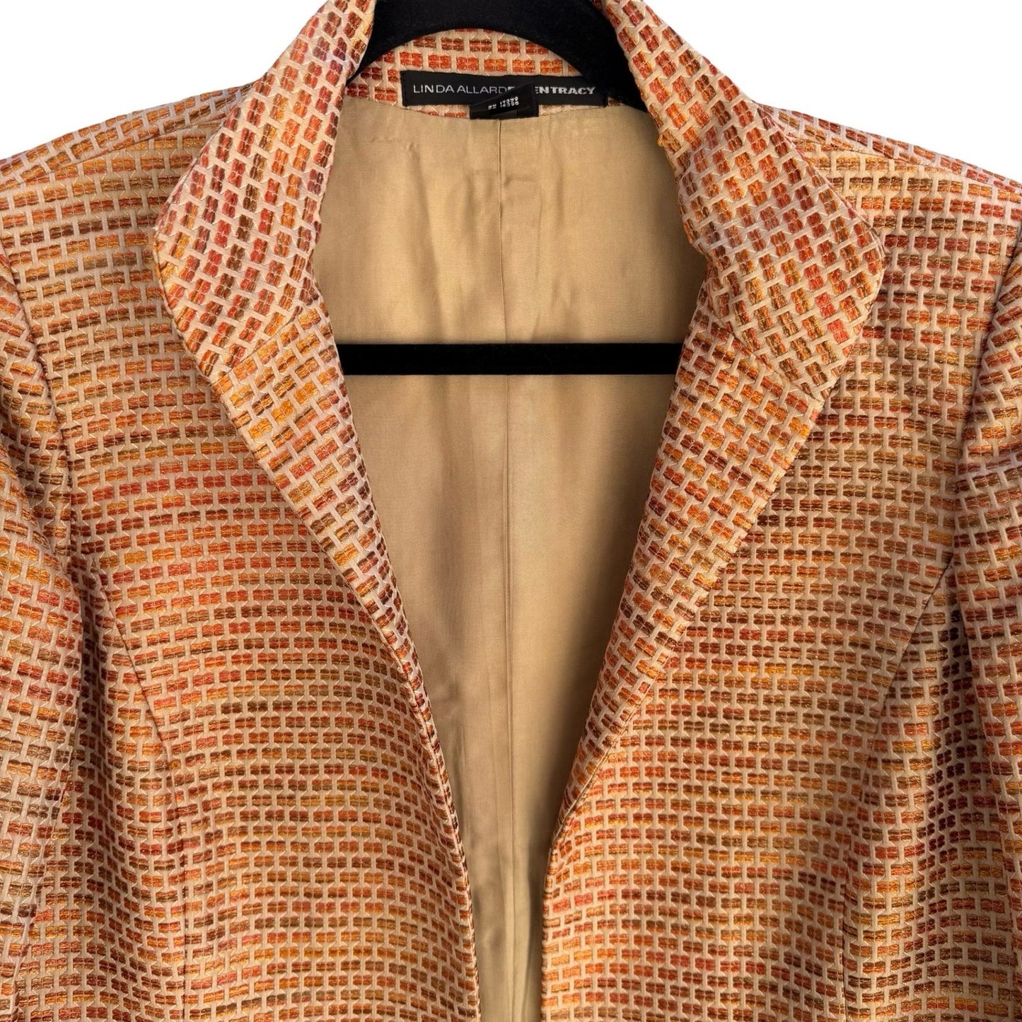 Linda Allard Ellen Tracy Woven Geometric Metallic Texture Open Front Blazer 4