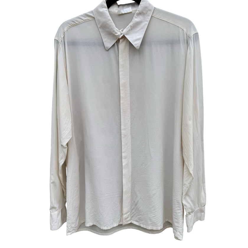 Prego Vintage Mens L Pure Silk Hidden Button Down Shirt Off White Long Sleeve