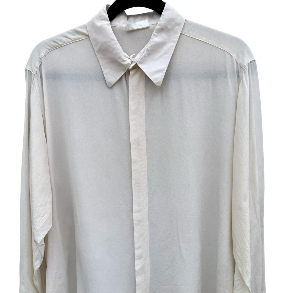 Prego Vintage Mens L Pure Silk Hidden Button Down Shirt Off White Long Sleeve