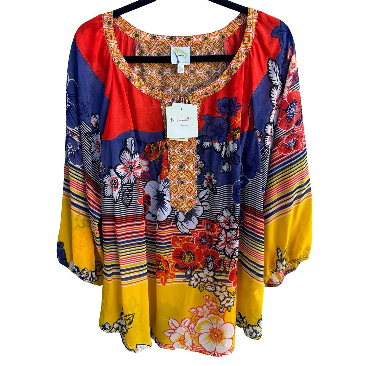 Fig and Flower Boho Maximalist Floral Geometric Print Boho Blouse Yellow 2X NWT
