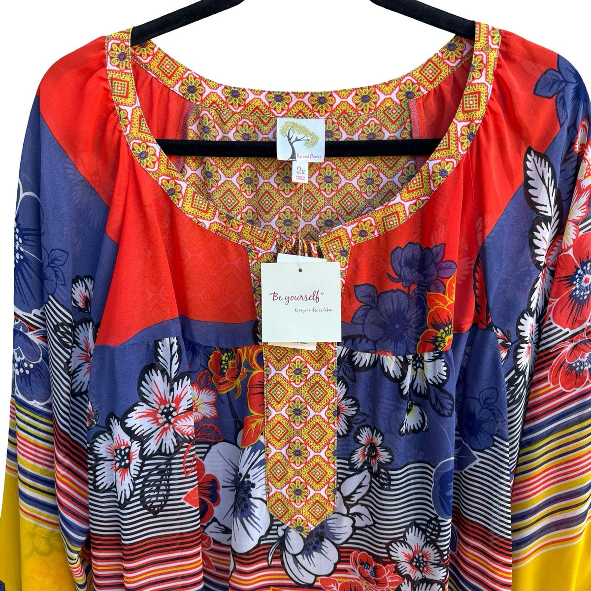 Fig and Flower Boho Maximalist Floral Geometric Print Boho Blouse Yellow 2X NWT