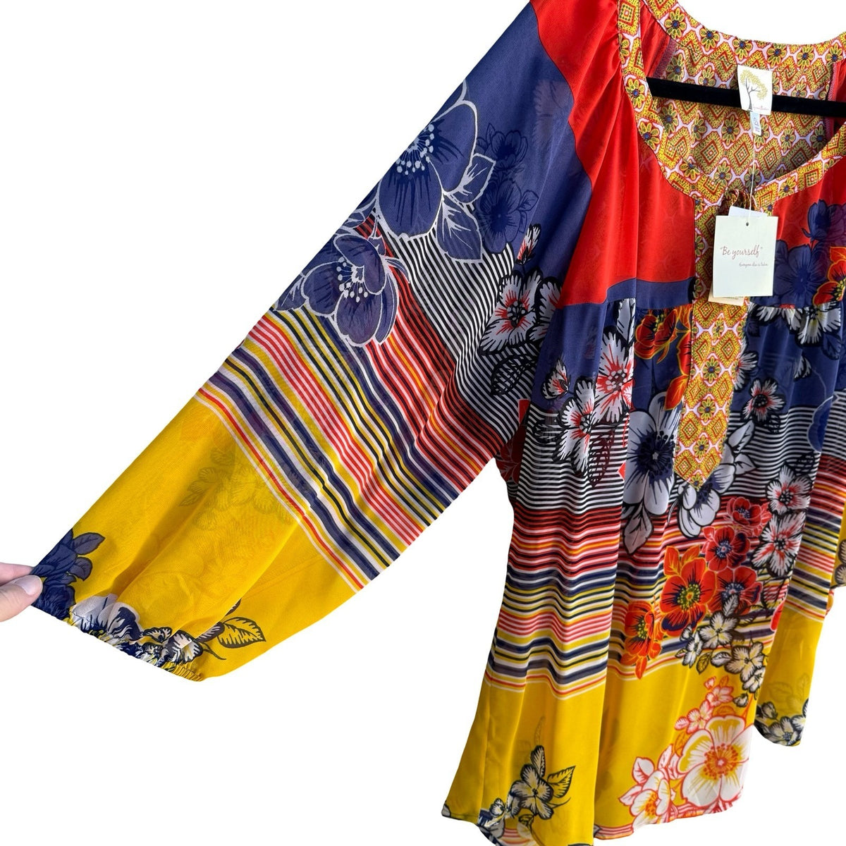 Fig and Flower Boho Maximalist Floral Geometric Print Boho Blouse Yellow 2X NWT