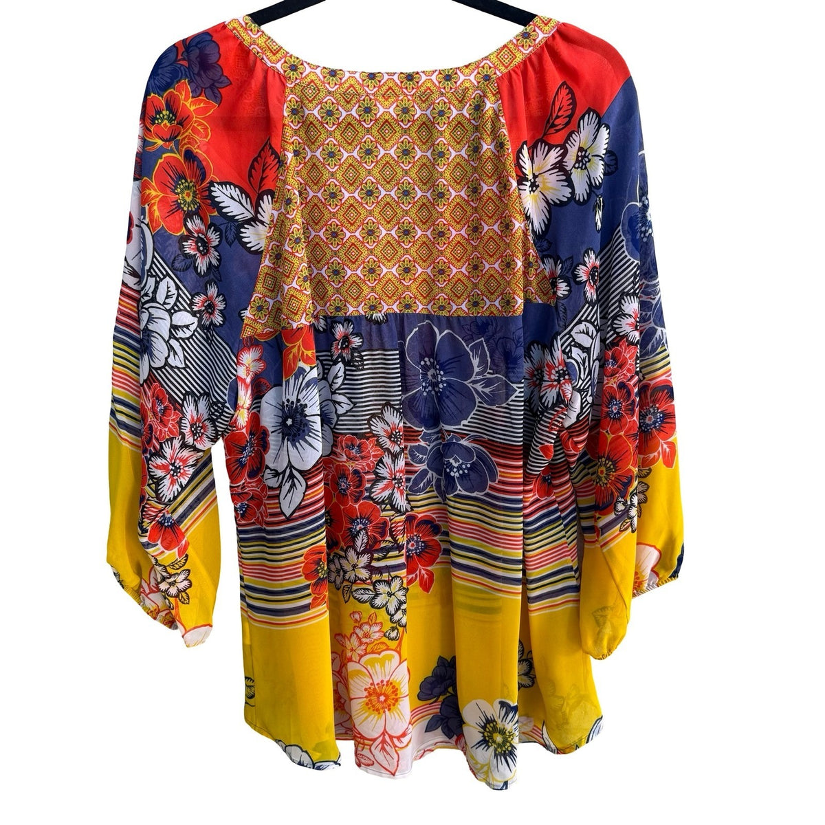 Fig and Flower Boho Maximalist Floral Geometric Print Boho Blouse Yellow 2X NWT