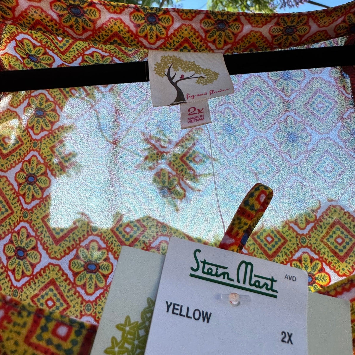 Fig and Flower Boho Maximalist Floral Geometric Print Boho Blouse Yellow 2X NWT