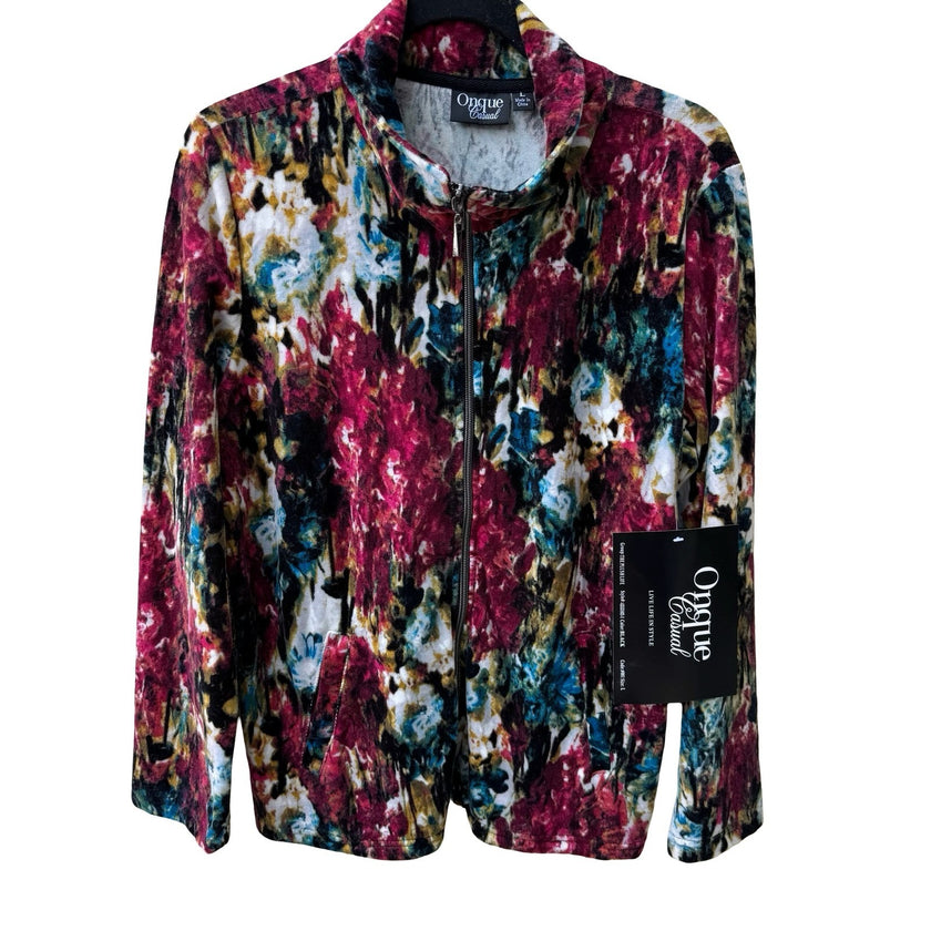 Onque Casual Velour Artsy Maximalist Plush Life Abstract Floral Zip Jacket L NEW