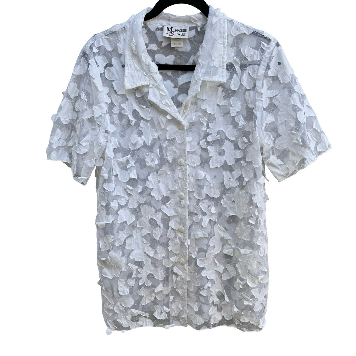 Maggie Sweet Coquette Cottagecore Fairy 3D Floral Applique Sheer Mesh Blouse S
