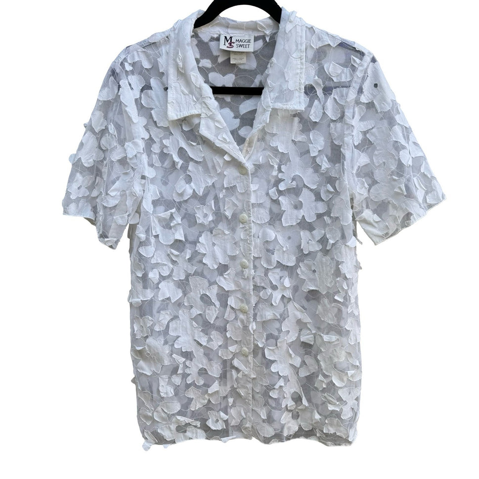 Maggie Sweet Coquette Cottagecore Fairy 3D Floral Applique Sheer Mesh Blouse S