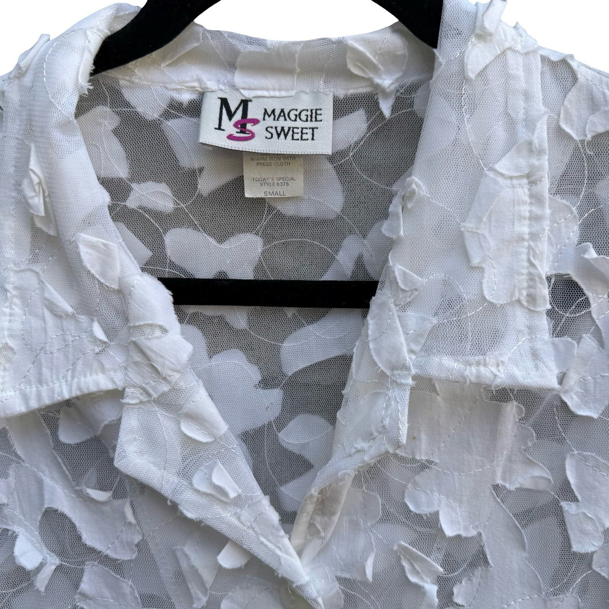 Maggie Sweet Coquette Cottagecore Fairy 3D Floral Applique Sheer Mesh Blouse S