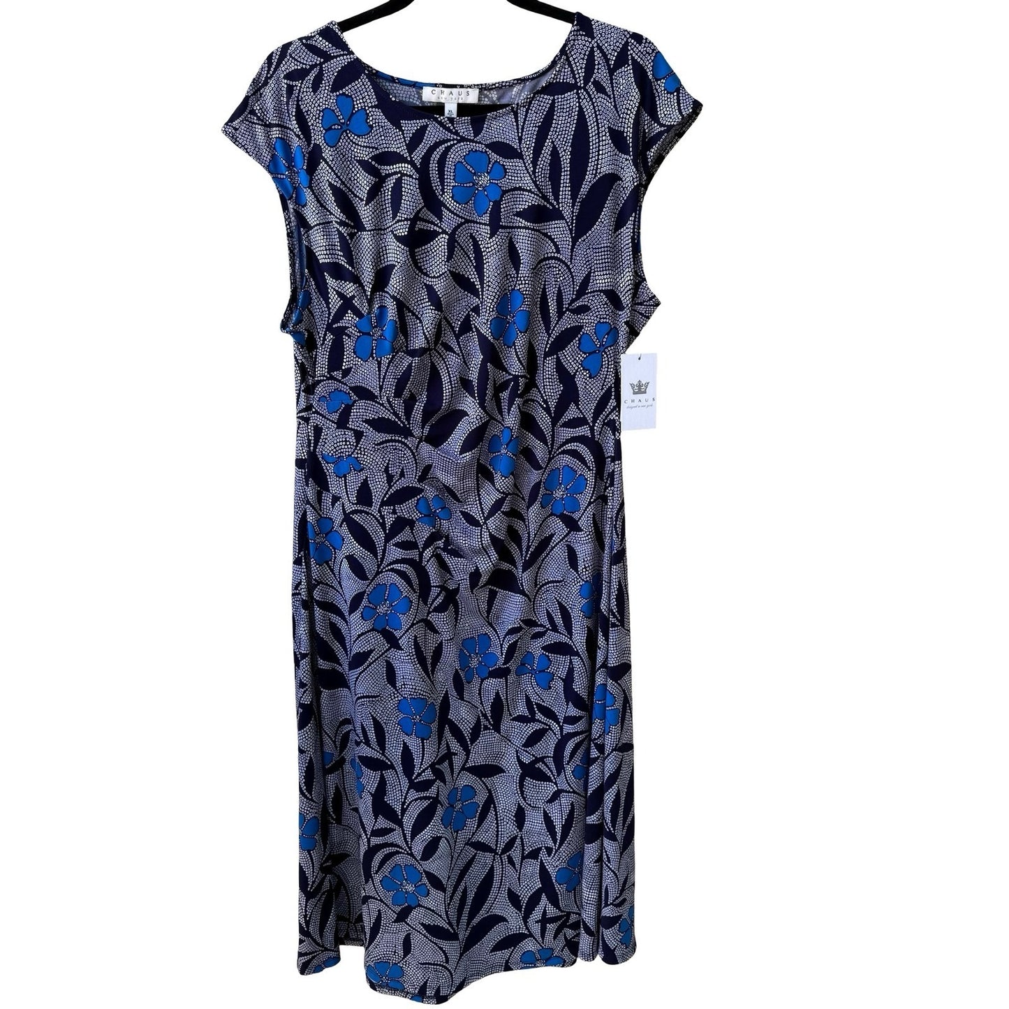 Chaus New York Batik Shibori Floral Draped Jersey Flowy Sheath Dress Navy XL NWT