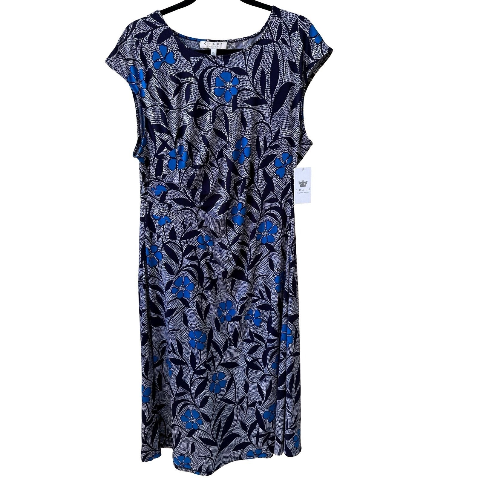 Chaus New York Batik Shibori Floral Draped Jersey Flowy Sheath Dress Navy XL NWT