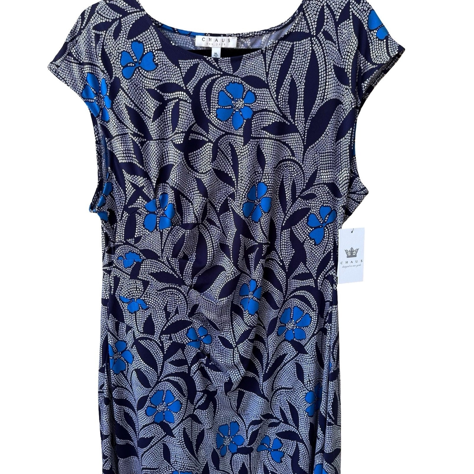Chaus New York Batik Shibori Floral Draped Jersey Flowy Sheath Dress Navy XL NWT