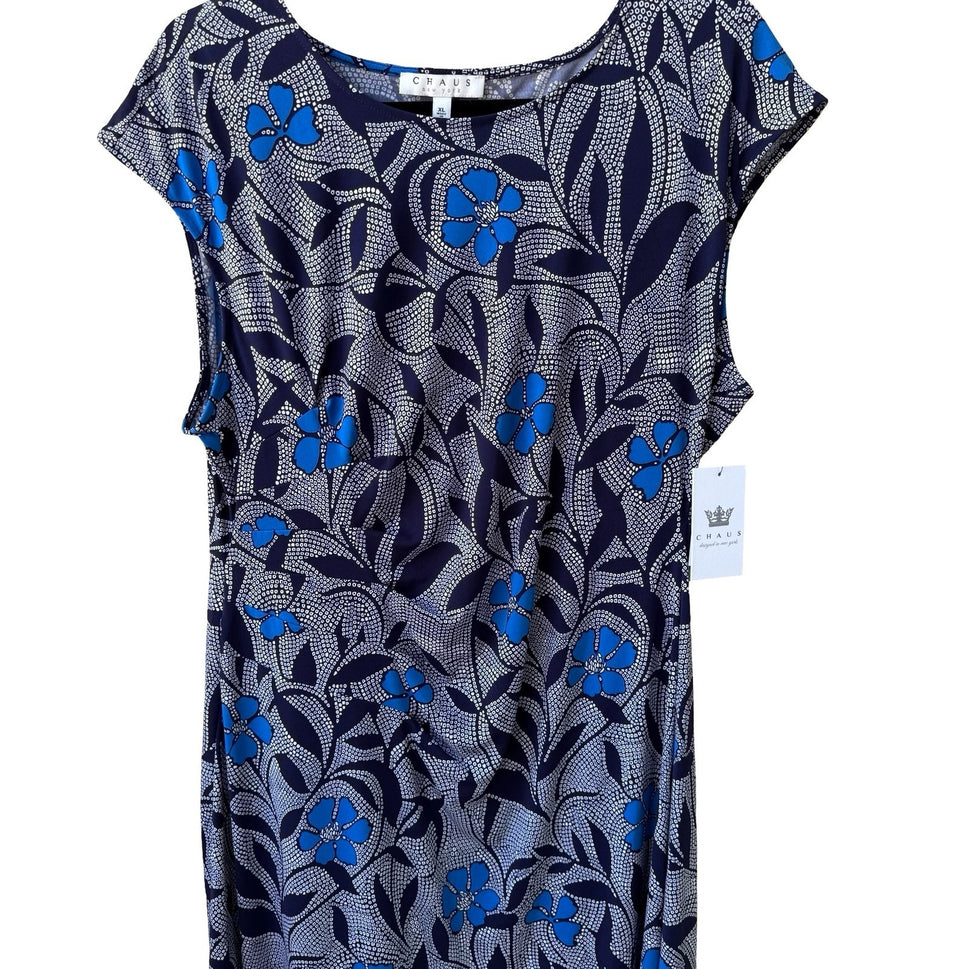 Chaus New York Batik Shibori Floral Draped Jersey Flowy Sheath Dress Navy XL NWT